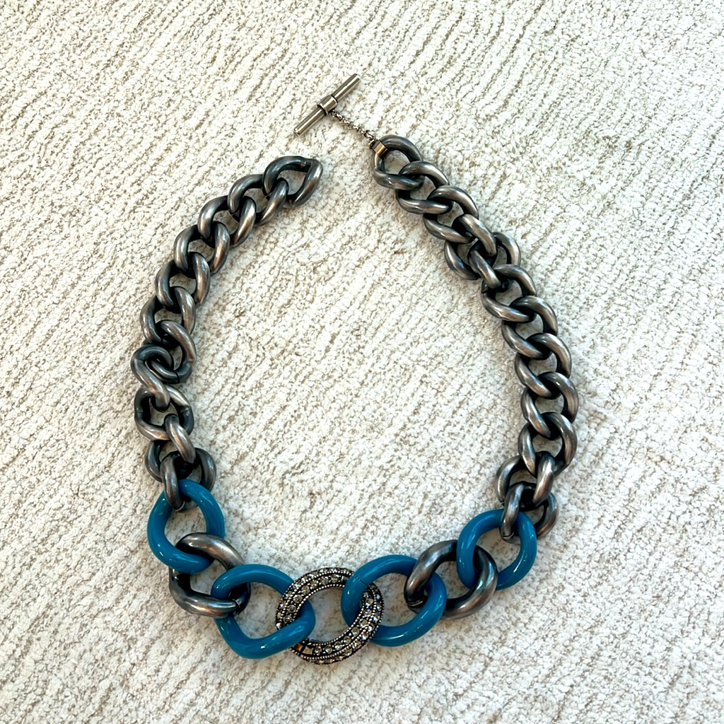 Lanvin Necklace - Chunky Silver Chain With Blue Link Accents